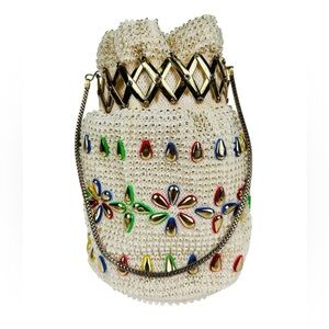 Vintage beaded & bejewelled evening bag, metal retractable closure, chain straps